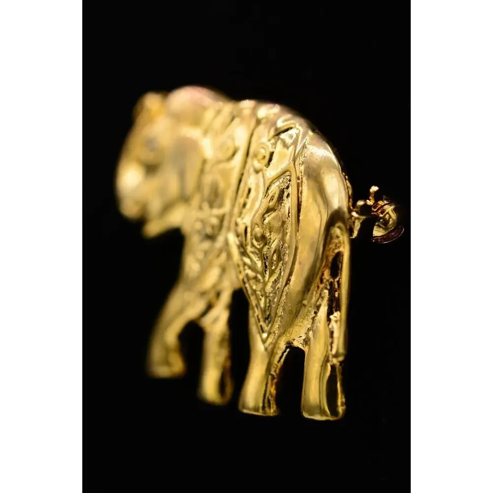 Vintage Elephant Pin Brooch Gold Rhinestone Antiqued Gold Tone Chunky 1980s 9B